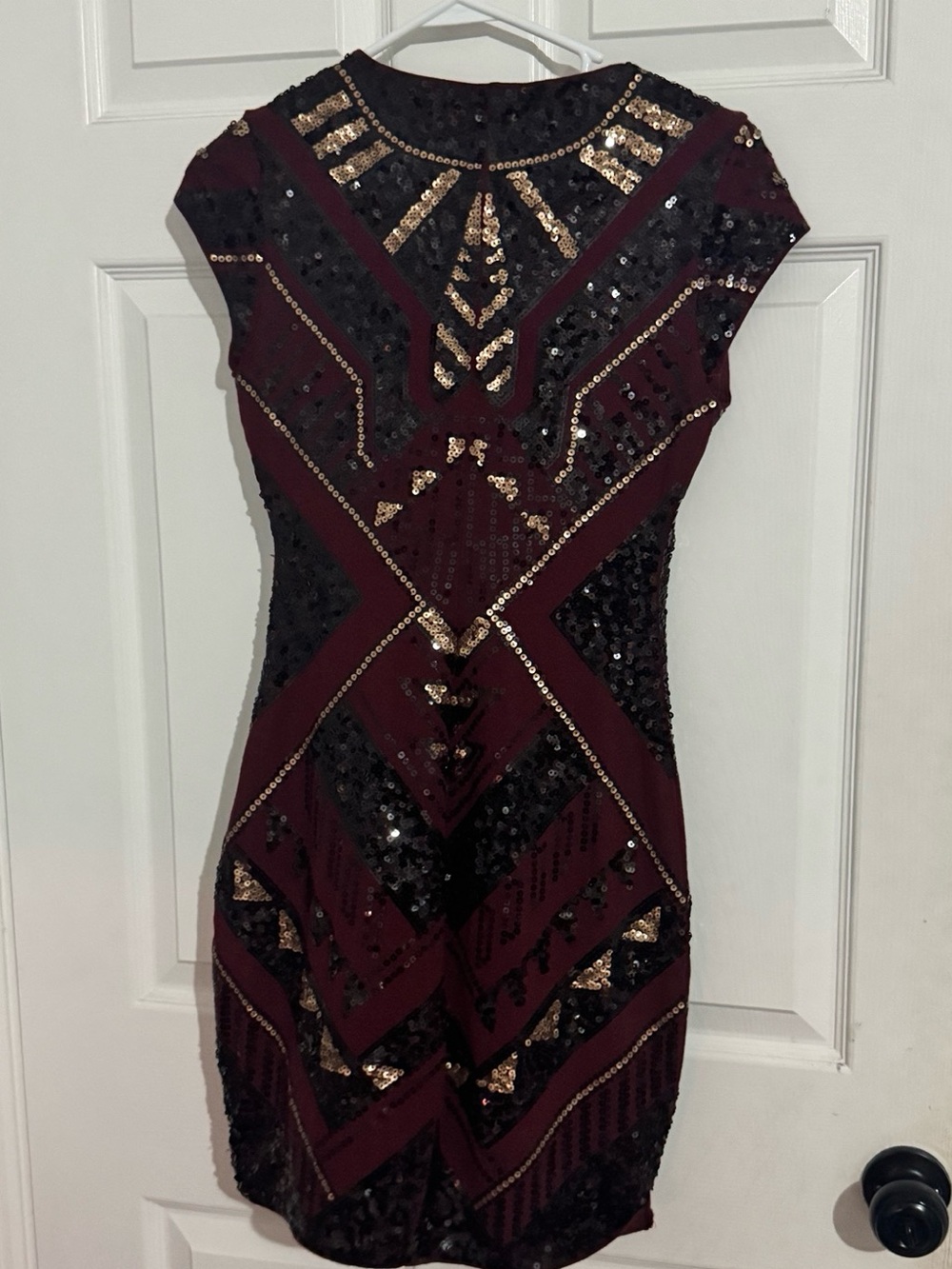 Express Burgundy and Black Sequin Mini Dress with Gold Accents